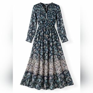 FP Movement  Floral Maxi Dress XS Navy Teal Boho Button Front Long Sleeve